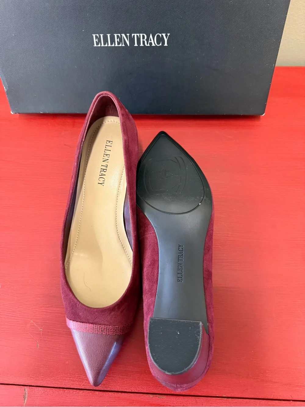 Ellen Tracy Wine Suede Pointed Toe Flats